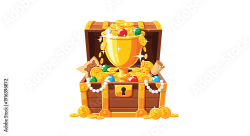 An open wooden treasure chest overflowing with shining gold coins, a large golden goblet, and colorful precious jewels.