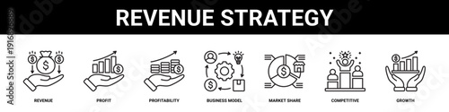Revenue Strategy web banner icon set collection solid style.