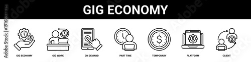 Gig Economy web banner icon set collection solid style.