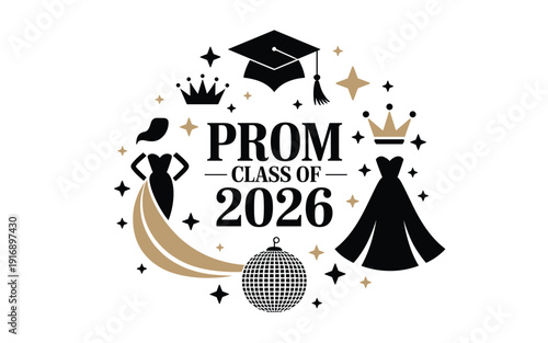 A vector graphic illustration of a prom logo for the class of 2026 featuring a graduation cap, crowns, dresses, and a disco ball.