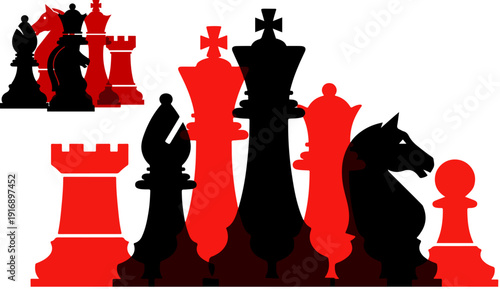 Red and black chess pieces vector illustration. This graphic depicts a strategic game with various chess figures like king, queen, rook, bishop, knight, and pawn