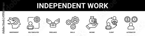 Independent Work web banner icon set collection solid style.