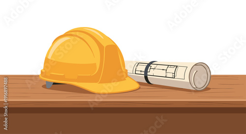 A bright yellow hard hat is placed next to a rolled blueprint scroll on a textured wooden table surface.