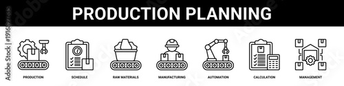 Production Planning web banner icon set collection solid style.