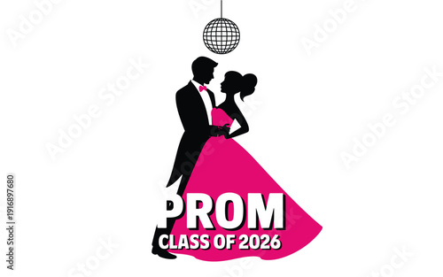 A vector graphic illustration of a prom couple dancing under a disco ball