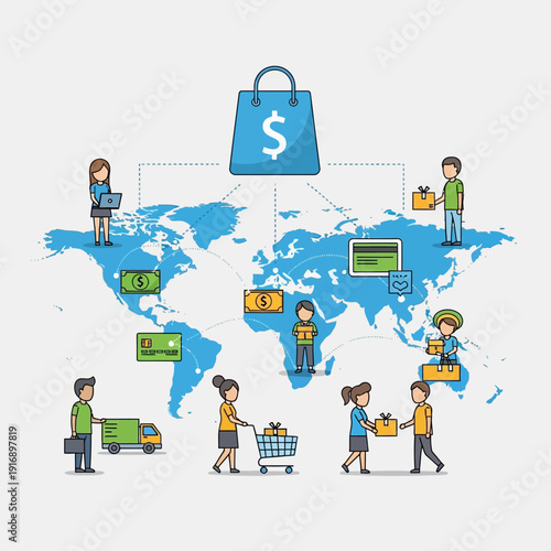 Global E-commerce and Online Shopping Concept with World Map and People