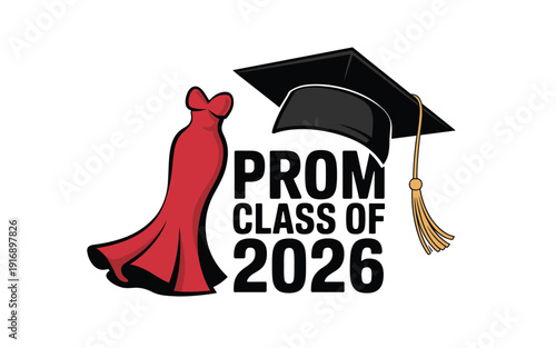 A vector graphic illustration of a prom icon featuring a red dress and graduation cap for the class of 2026.