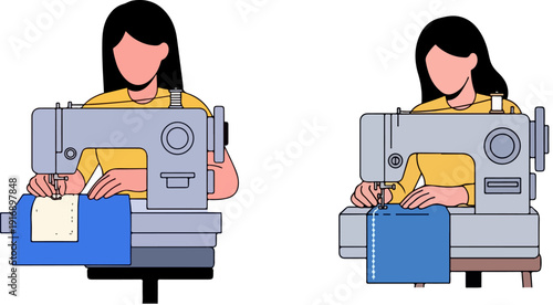Two vector illustrations of a woman sewing on a sewing machine, one with light fabric and one with dark fabric. Depicts a seamstress or tailor at work, isolated on a white background.
