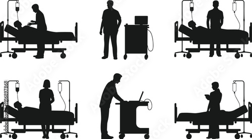 Silhouettes of medical professionals attending to patients in hospital beds with I V drips and medical equipment