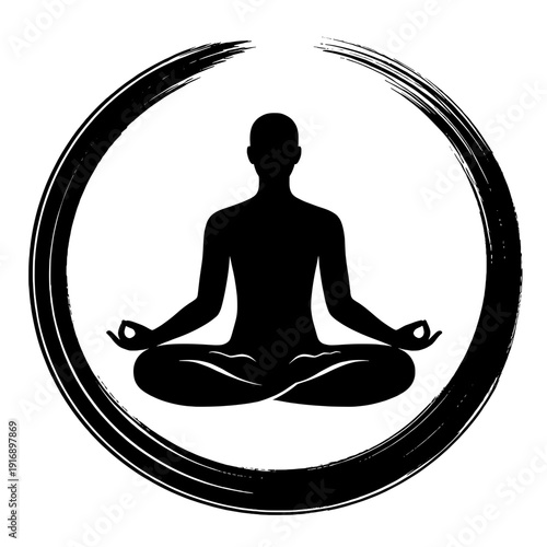 Minimalist Meditation Silhouette in Enso Circle Zen Brushstroke for Mindfulness and Wholeness

