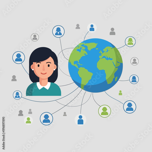 Global Network Connection: Woman Connecting People Worldwide via Digital Network