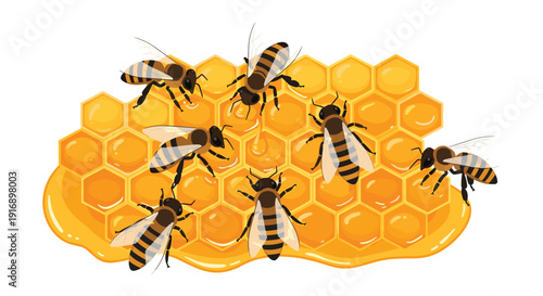 Several worker bees are clustered around a golden honeycomb, with visible drops of sweet, viscous honey dripping from its cells.