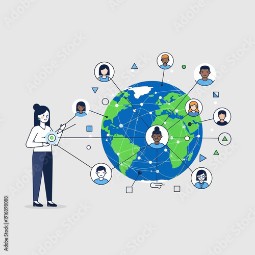 Woman connecting diverse people globally via network on digital interface, global communication concept