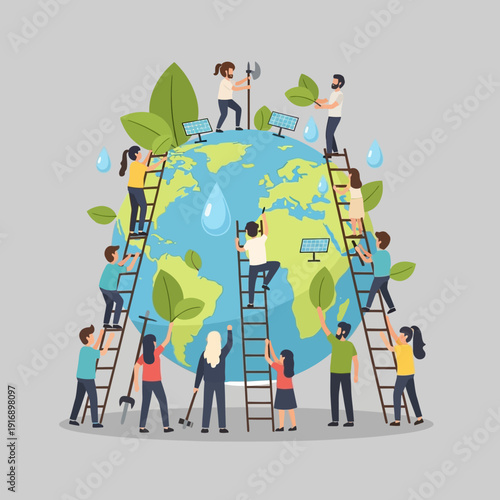 People working together to protect and care for the planet Earth with solar panels and water drops.