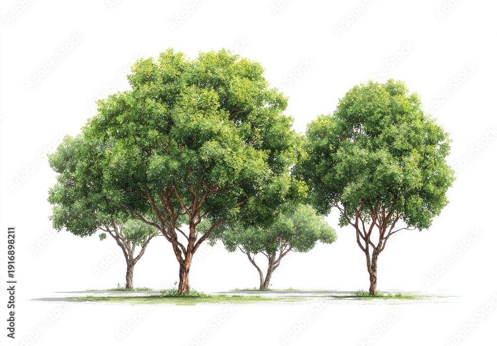 Obraz premium Lush green trees with textured bark and dense foliage stand on grassy ground