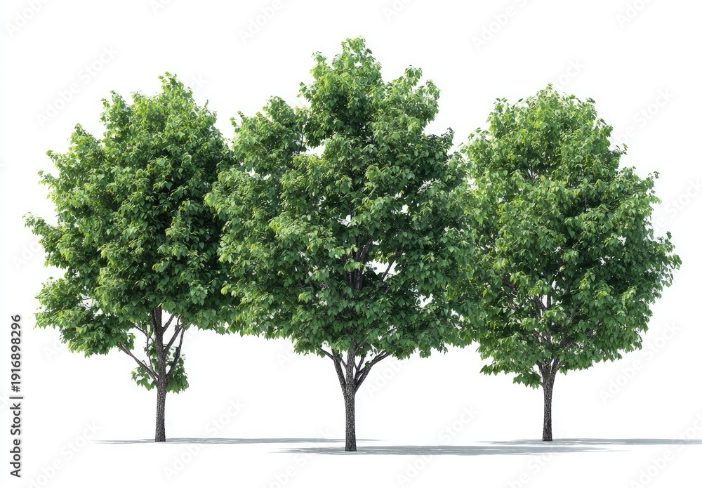 Obraz premium Three lush green deciduous trees with full canopies
