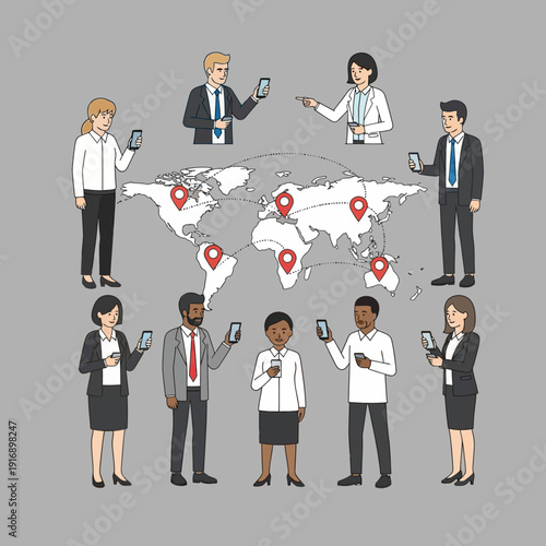 Global Business Team Connecting Worldwide via Smartphones and World Map