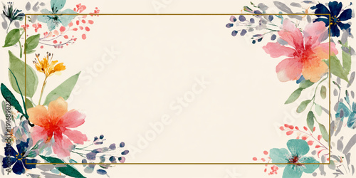 Elegant floral frame with vibrant flowers and delicate leaves in soft pastel colors
