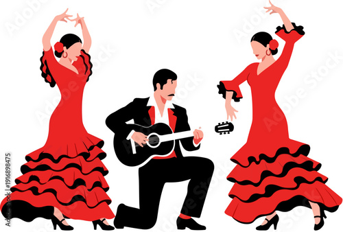 Flamenco dancers and guitarist vector illustration. Two women in red ruffled dresses dance while a man kneels and plays a classical guitar. Isolated on a white background.