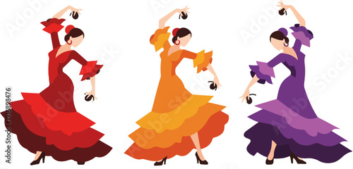 Three flamenco dancers in traditional tiered dresses performing with castanets, isolated on a transparent background. The dancers are depicted in red, orange, and purple layered gowns