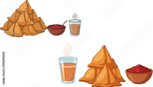 Two sets of Indian samosas with chutney and chai tea vector illustration. Each set features a pile of golden-brown samosas, a bowl of red chutney, and a steaming glass of chai