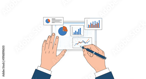 Pair of hands using a stylus to interact with a tablet displaying various business charts and analytical graphs.
