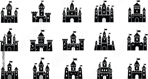 Black and white castles with flags and towers medieval
