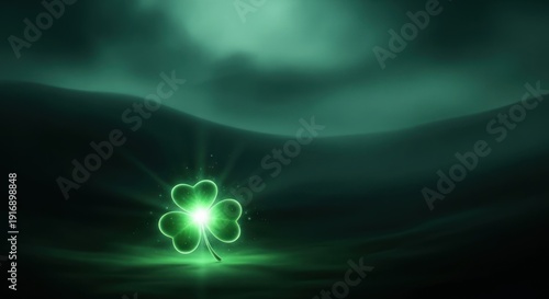 Glowing neon green four-leaf clover on dark emerald misty landscape with soft bokeh light rays and fog, night atmosphere, minimal lucky symbol background with copy space