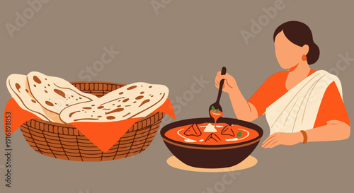Indian woman serving traditional curry with a basket of naan bread. Vector illustration depicting authentic Indian cuisine and dining experience with a warm color palette.