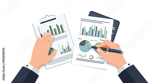 Two hands in formal attire examine financial documents and bar charts on clipboards with a pen from an overhead perspective.