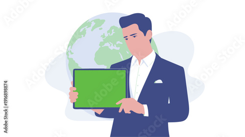 A businessman in blue suit holding green screen tablet with globe background in flat vector