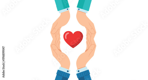 Two pairs of hands curve inward, forming a protective shape around a vibrant red heart in the center.