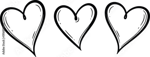 Black and white hand drawn hearts with varying line widths line varying line widths white background