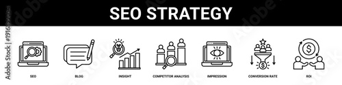 Seo Strategy web banner icon set collection solid style.