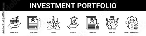 Investment Portfolio web banner icon set collection solid style.