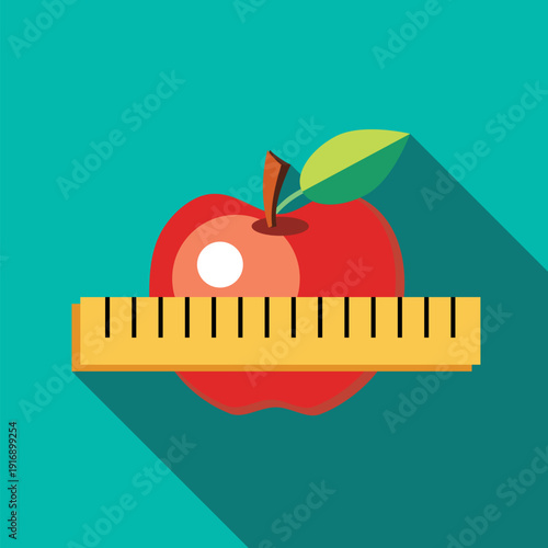 Red apple with measuring tape icon, flat style