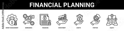 Financial Planning web banner icon set collection solid style.