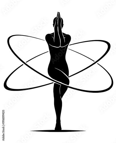 Minimalist Silhouette of Person in Yoga Eagle Pose Garudasana with Orbital Rings for Focus

