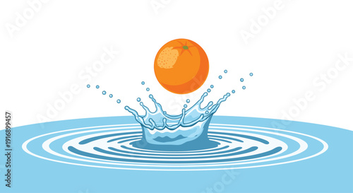 A whole orange fruit creates a large splash and concentric ripples as it drops into clear water.