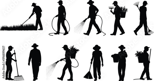 Silhouettes of people performing various gardening and yard maintenance activities yard work black and white