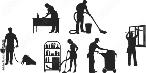 Silhouettes of people performing various cleaning tasks with tools and equipment vacuum