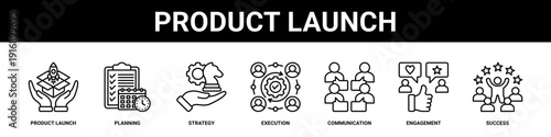 Product Launch web banner icon set collection solid style.