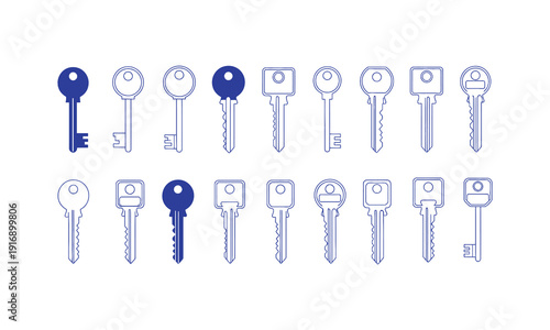 Blue Home and Property Key Vector Icons Collection Representing Security & Access