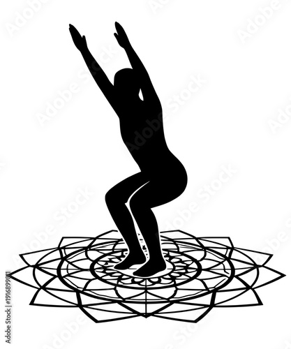 Minimalist Yoga Silhouette in Utkatasana Chair Pose on Sacred Mandala Pattern for Power and Energy

