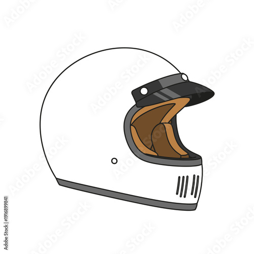 White Motorcycle Helmet with Black Visor and Brown Interior, Side View