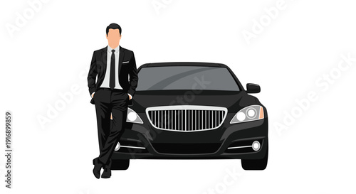 A man in a black suit leans against a black luxury car, looking forward on a white background.