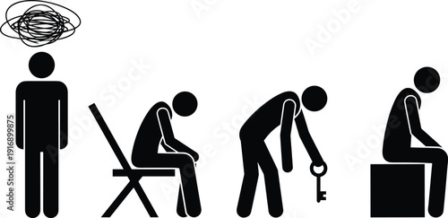 Black and white of four stick figures representing confusion and finding a solution problem solving people