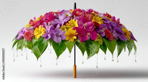 A colorful umbrella with flowers on it. The flowers are purple, yellow, and pink. The umbrella is open and has a stem