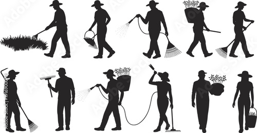 Silhouettes of people performing various gardening and yard work activities with tools and plants