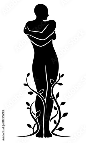 Minimalist Silhouette of Person Hugging Self with Vines for Self Compassion and Grounding

